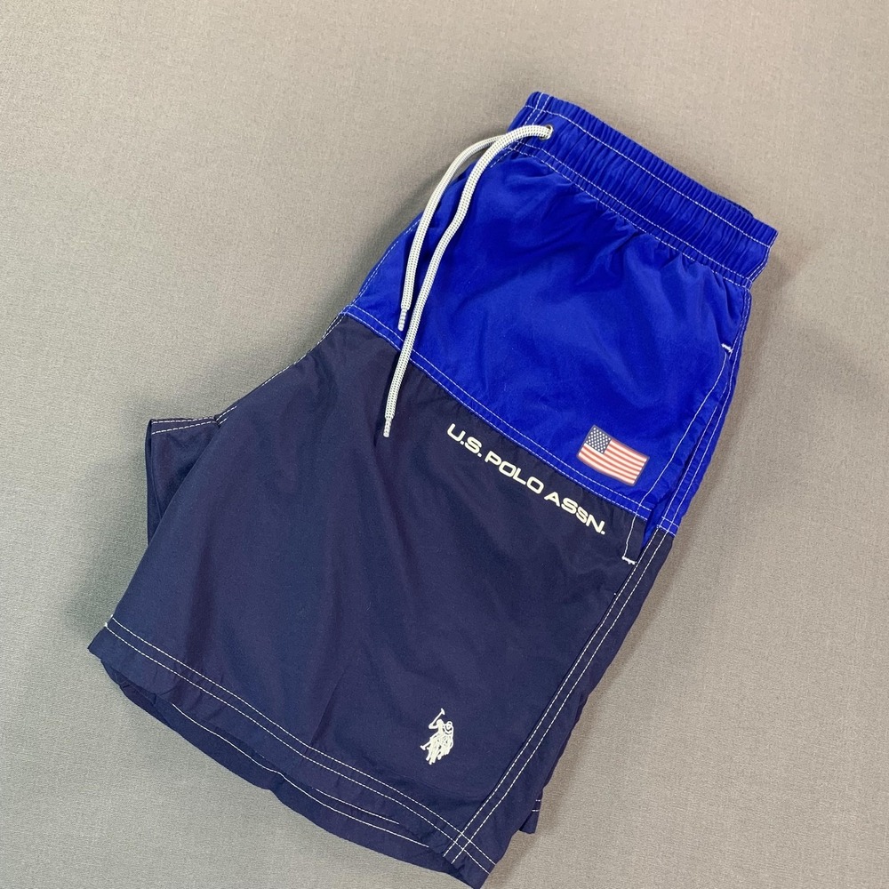 U.S. Polo Assn. Swim Trunks Mens Medium Blue Colorblock Flag‎ Mesh Lined USA